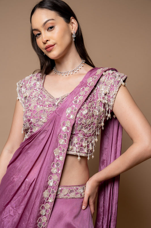 Mauve Cutdana & Sequence Pre-Drape Organza Sharara Saree With Readymade Blouse