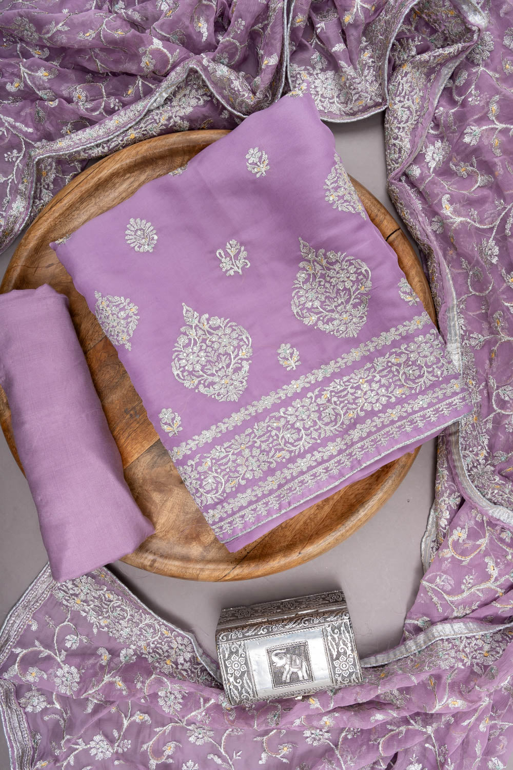 Mauve Georgette Unstitched Suit With Organza Dupatta