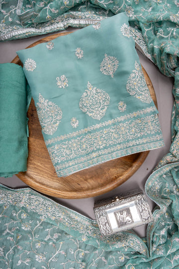 Tea-Green Georgette Unstitched Suit With Organza Dupatta