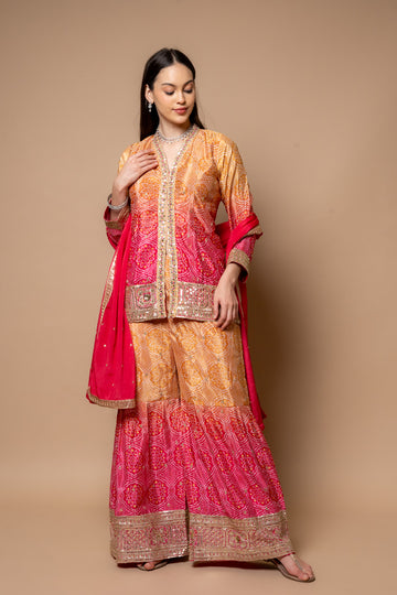 Mustard Crepe Readymade Suit And Palazzo With Chinon Dupatta