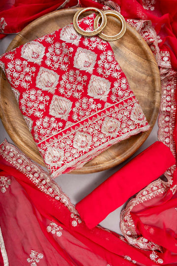 Red Organza Unstitched Suit With Chiffon Dupatta