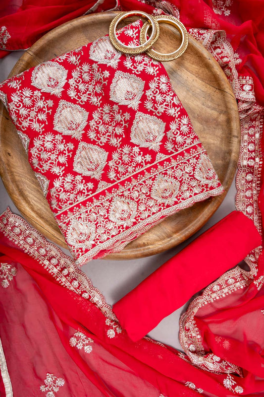 Red Organza Unstitched Suit With Chiffon Dupatta