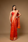 Rust Woven Zari Banarasi Silk Designer Saree With Unstitched Blouse