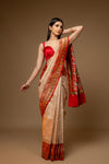 Off White Red Woven Zari Banarasi Silk Designer Saree With Unstitched Blouse