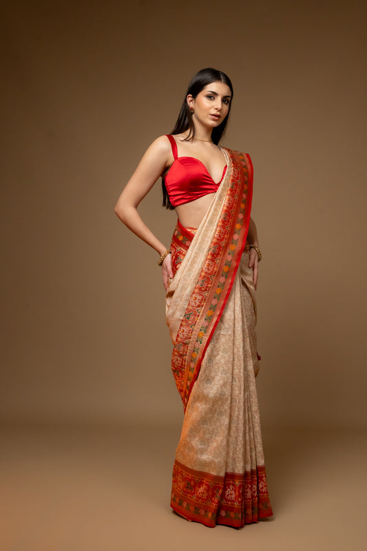 Off White Red Woven Zari Banarasi Silk Designer Saree With Unstitched Blouse