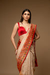 Off White Red Woven Zari Banarasi Silk Designer Saree With Unstitched Blouse