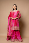 Magenta Rani Crepe Readymade Suit And Palazzo With Chinon Dupatta