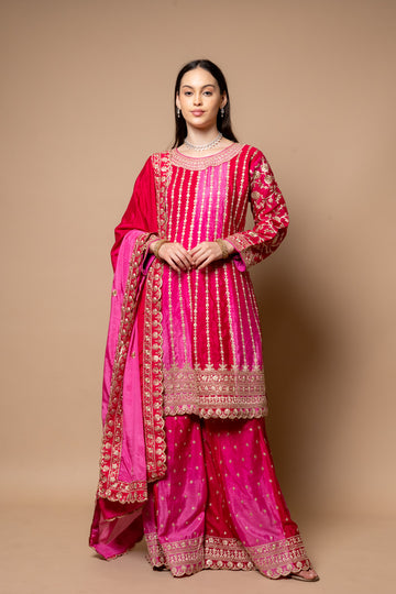 Magenta Rani Crepe Readymade Suit And Palazzo With Chinon Dupatta