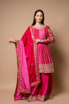 Magenta Rani Crepe Readymade Suit And Palazzo With Chinon Dupatta