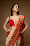 Off White Red Woven Zari Banarasi Silk Designer Saree With Unstitched Blouse