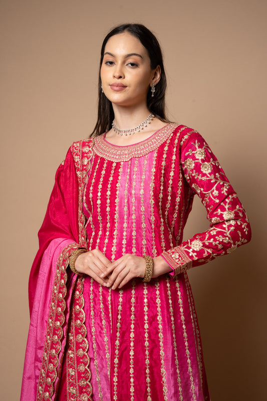 Magenta Rani Crepe Readymade Suit And Palazzo With Chinon Dupatta