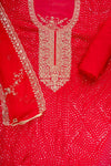 Red Organza Unstitched Suit With Chiffon Dupatta