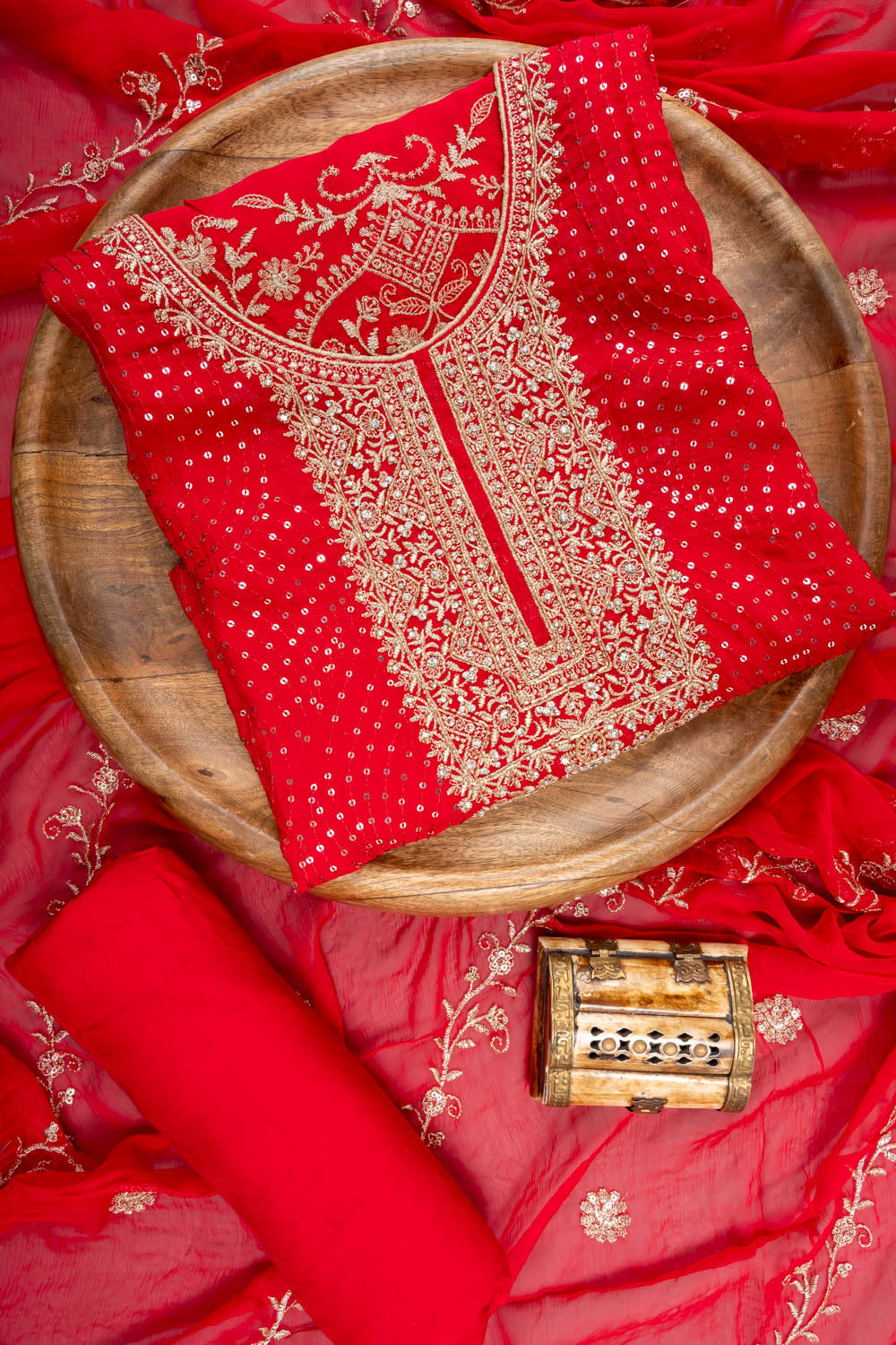 Red Organza Unstitched Suit With Chiffon Dupatta