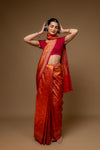 Red Woven Zari Banarasi Silk Saree With Unstitched Saree