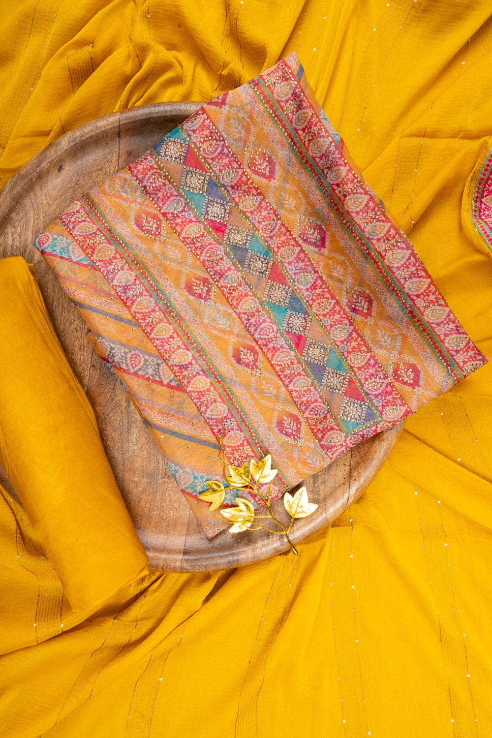 Mustard Organza Unstitched Suit With Chiffon Dupatta