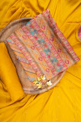 Mustard Organza Unstitched Suit With Chiffon Dupatta