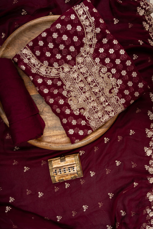 Garnet Georgette Unstitched Suit With Chiffon Dupatta