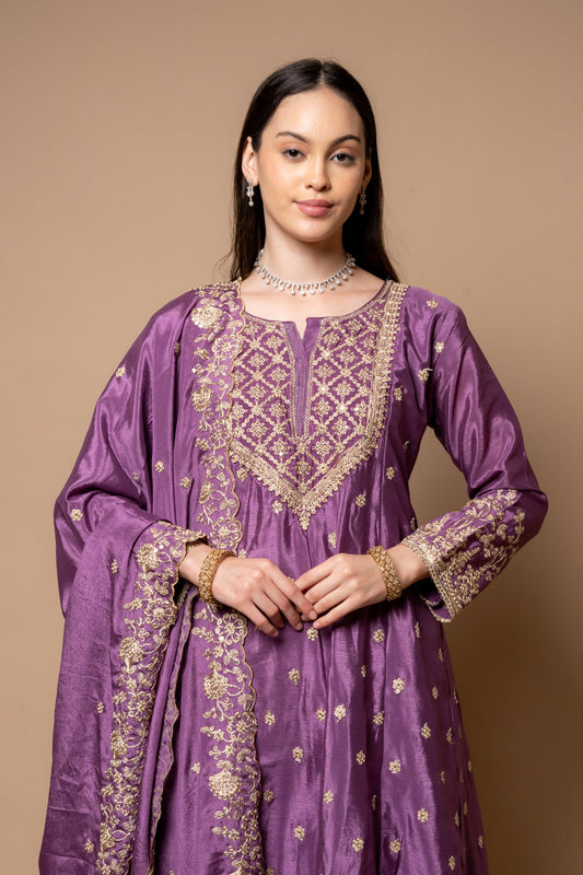 Mauve Crepe Readymade Suit And Palazzo With Chinon Dupatta