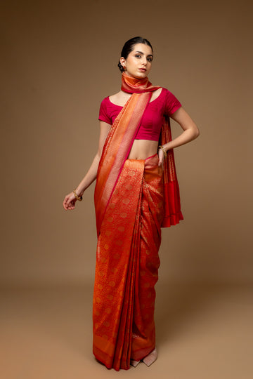 Red Woven Zari Banarasi Silk Saree With Unstitched Saree