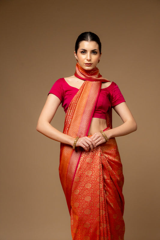 Red Woven Zari Banarasi Silk Saree With Unstitched Saree