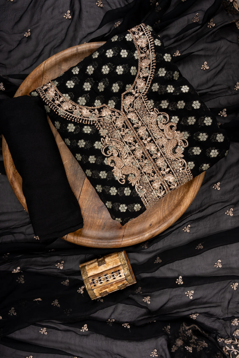 Black Georgette Unstitched Suit With Chiffon Dupatta