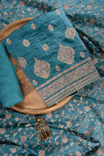 Sky Blue Chinon Unstitched Suit With Organza Dupatta