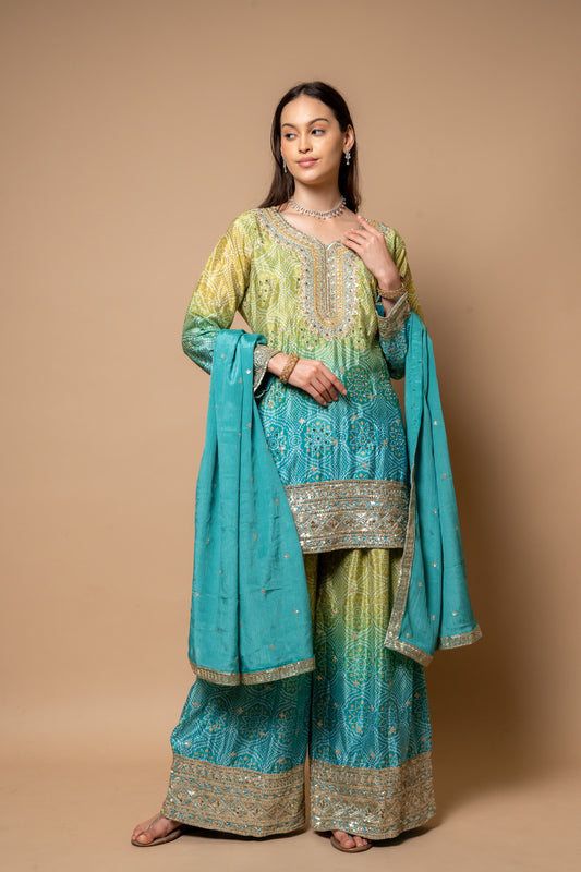 Pista Crepe Readymade Suit And Palazzo With Chinon Dupatta