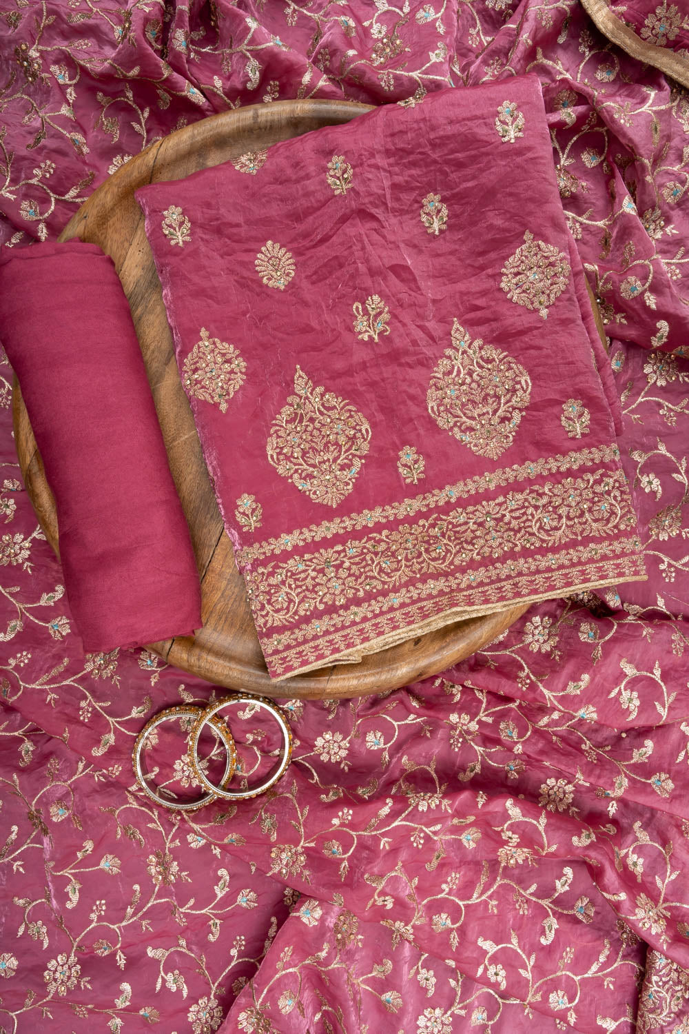 Gajari Chinon Unstitched Suit With Organza Dupatta