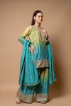 Pista Crepe Readymade Suit And Palazzo With Chinon Dupatta