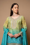 Pista Crepe Readymade Suit And Palazzo With Chinon Dupatta