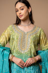 Pista Crepe Readymade Suit And Palazzo With Chinon Dupatta