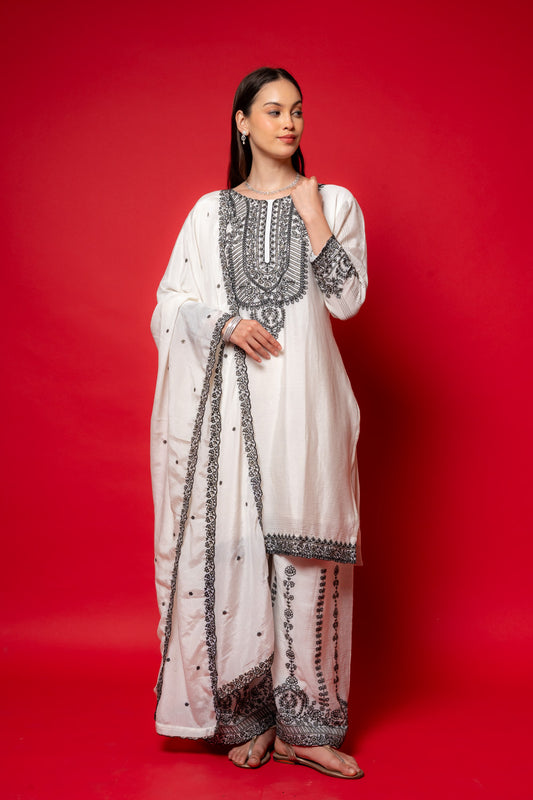 White Crepe Readymade Suit And Palazzo With Crepe Dupatta