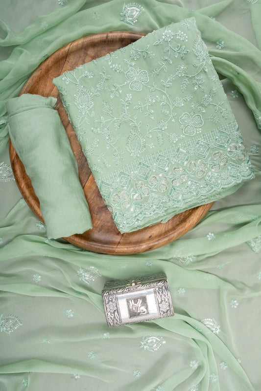 Green Organza Unstitched Suit With Chiffon Dupatta