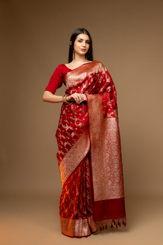 Maroon Banarasi Woven Zari Banarasi Silk Saree With Unstitched Blouse