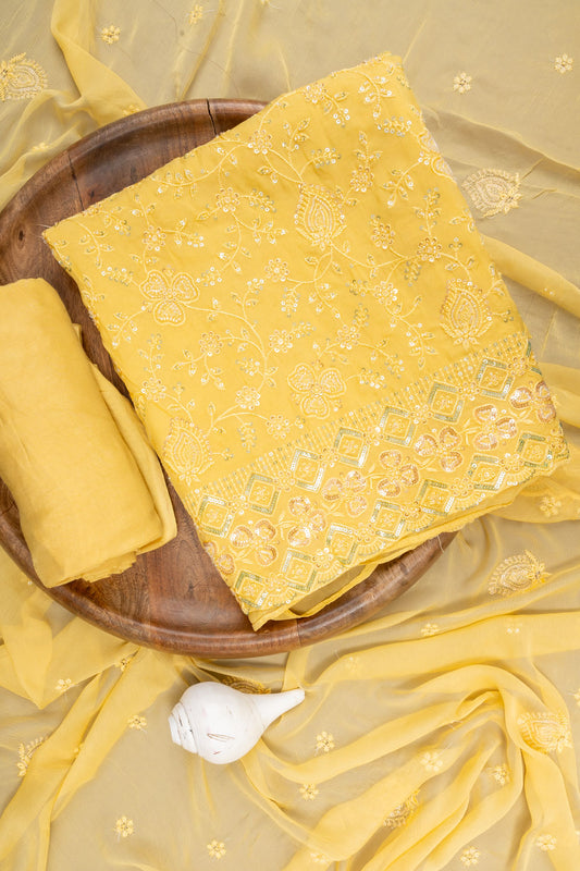 Yellow Organza Unstitched Suit With Chiffon Dupatta