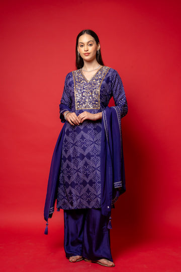 Purple Crepe Readymade Suit And Palazzo With Crepe Dupatta