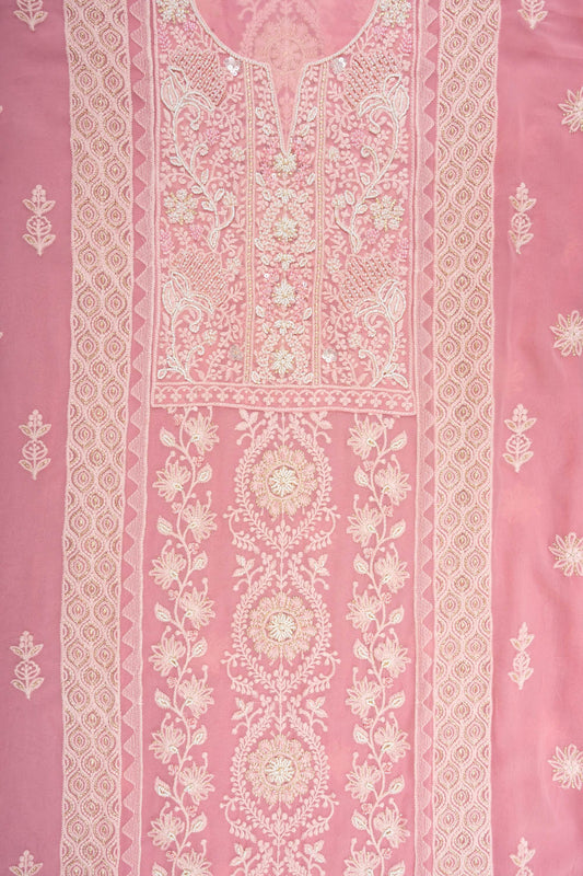 Pink Georgette Unstitched Suit With Chiffon Dupatta