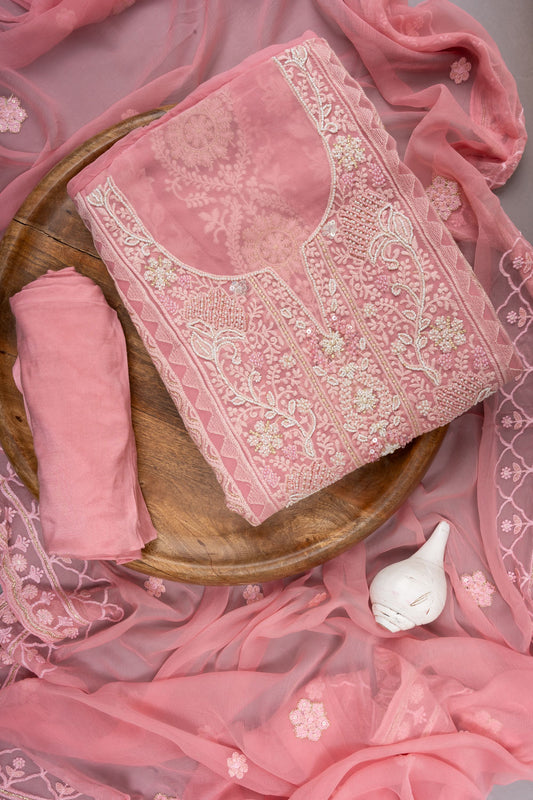 Pink Georgette Unstitched Suit With Chiffon Dupatta