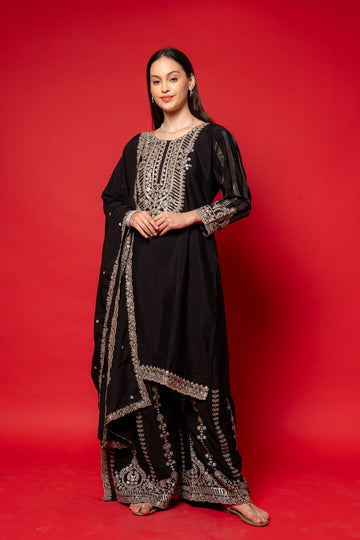 Black Crepe Readymade Suit And Palazzo With Crepe Dupatta