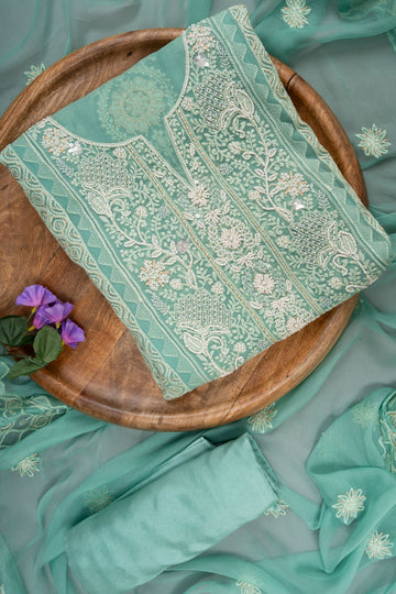 Tea-Green Georgette Unstitched Suit With Chiffon Dupatta