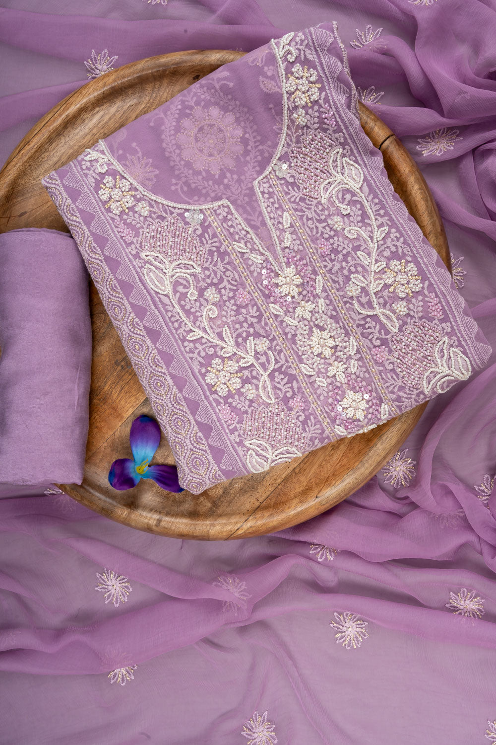 Mauve Georgette Unstitched Suit With Chiffon Dupatta