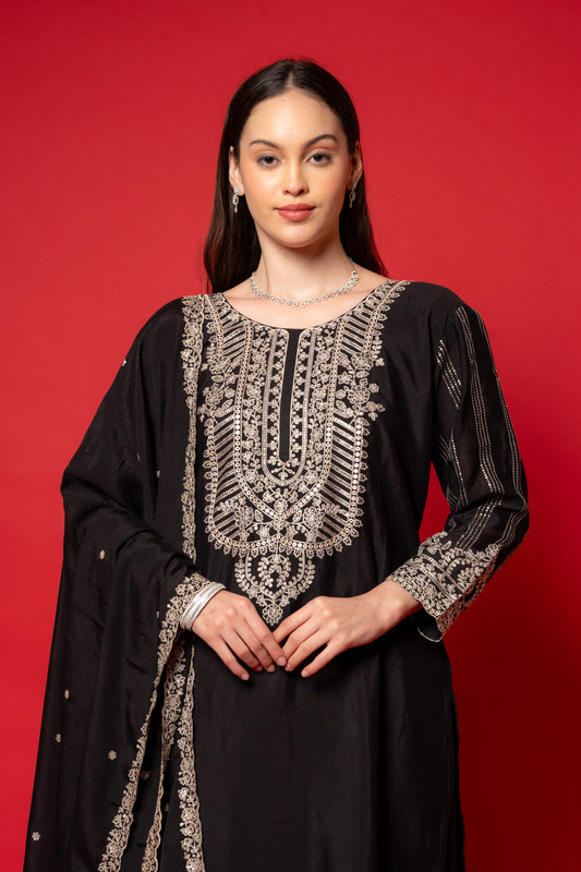 Black Crepe Readymade Suit And Palazzo With Crepe Dupatta