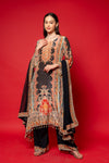 Black Crepe Readymade Suit And Pant With Chiffon Dupatta