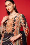 Black Crepe Readymade Suit And Pant With Chiffon Dupatta