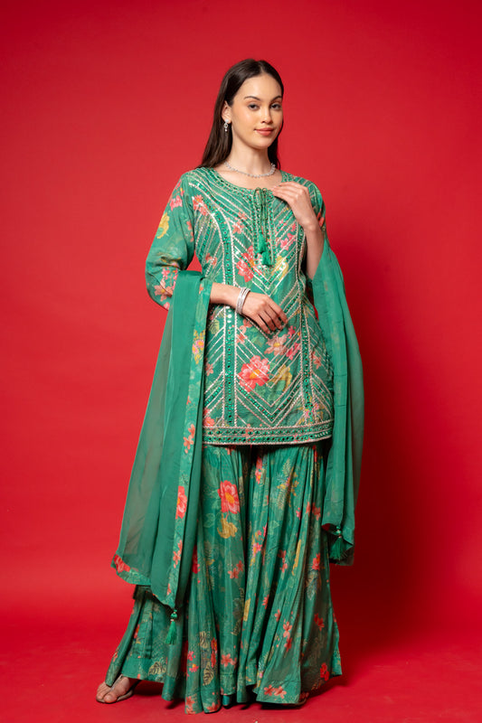 Emerald Green Cotton Readymade Sharara Set With Tissue Dupatta