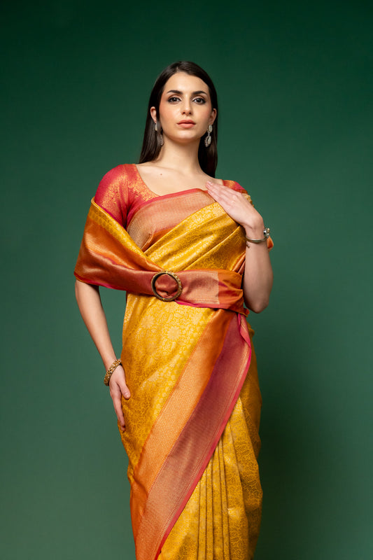 Mustard Woven Zari Banarasi Silk Saree With Unstitched Saree