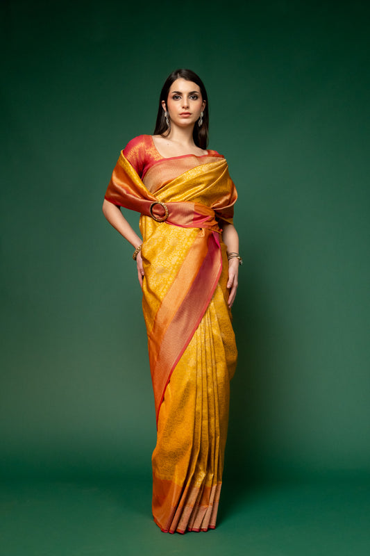 Mustard Woven Zari Banarasi Silk Saree With Unstitched Blouse