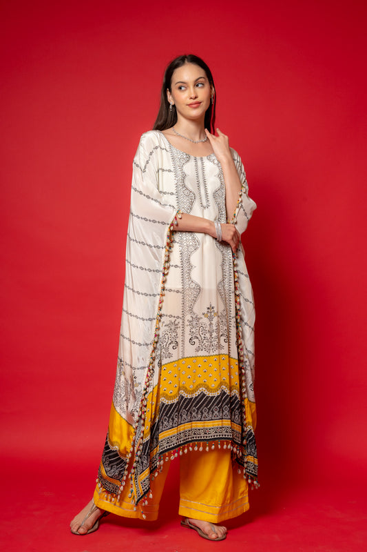 White Mirror, Sequence & Digital Printed Crepe Readymade Suit With Pant