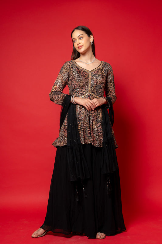 Black Georgette Readymade Suit And Palazzo With Georgette Dupatta