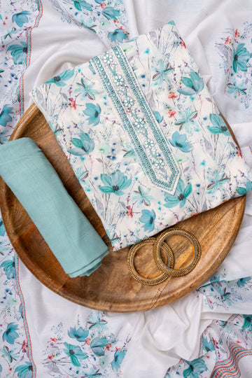 White Tea Green Mirror Sheet, Threadwork & Floral Printed Cotton Unstitched Salwar Suit With Cotton Dupatta